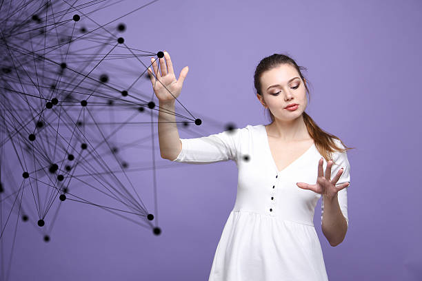 istock Worldwide network or wireless internet connection futuristic concept. Woman working 533253054