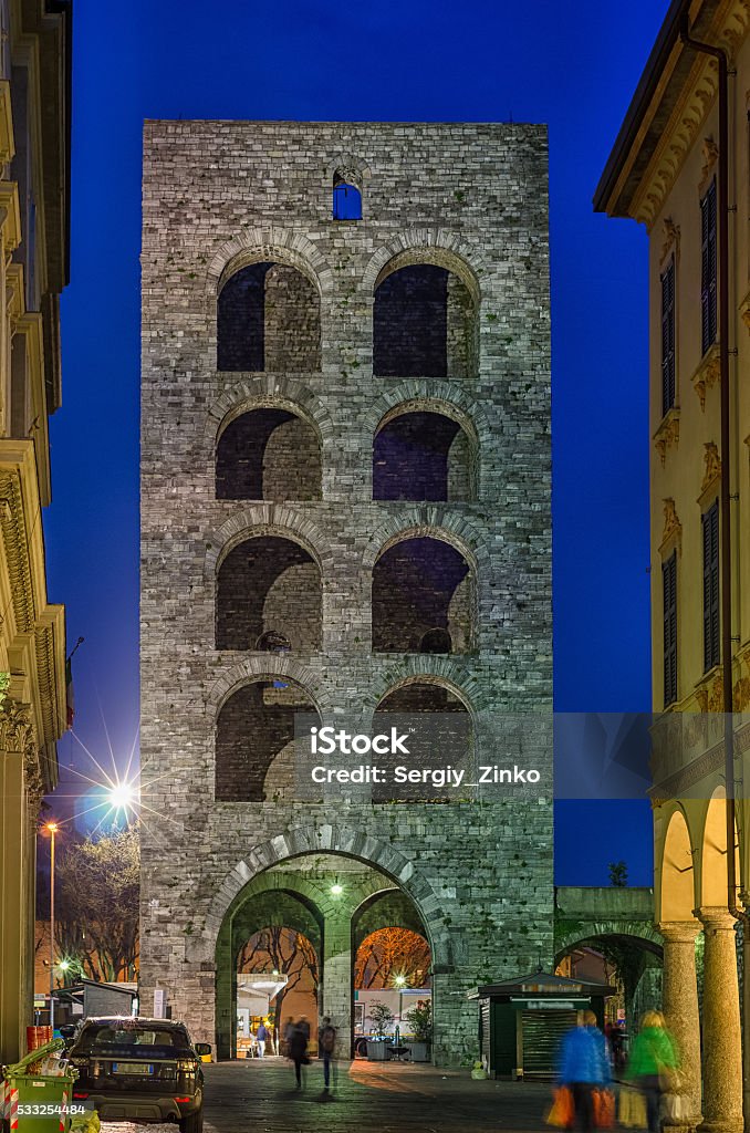 View on the tower Porta Torre in Como, Italy View on the ancient tower Porta Torre in Como, Italy Architecture Stock Photo