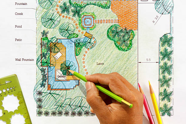 istock Landscape Architect design water garden plans for backyard 533255949