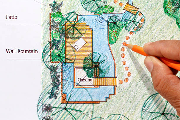 istock Landscape Architect design water garden plans for backyard 533256017