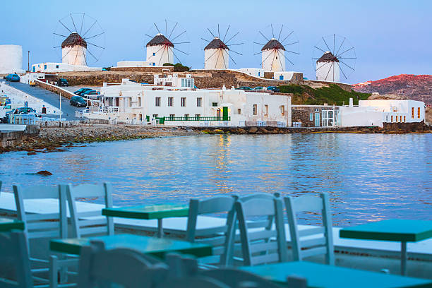 Windmills over beach in Mykonos, Greece.