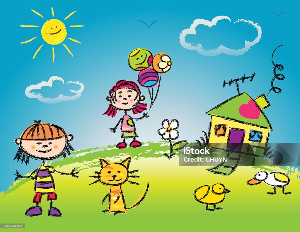 Sunny days Happy brothers playing outside of their home Crayon Drawing stock vector
