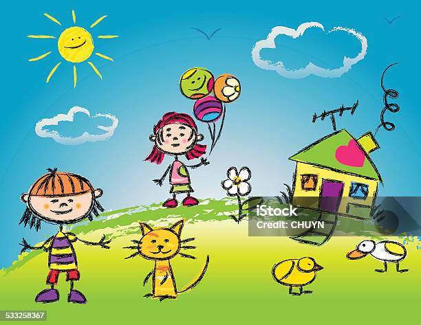 Sunny Days Stock Illustration - Download Image Now - Crayon Drawing, House, Childhood