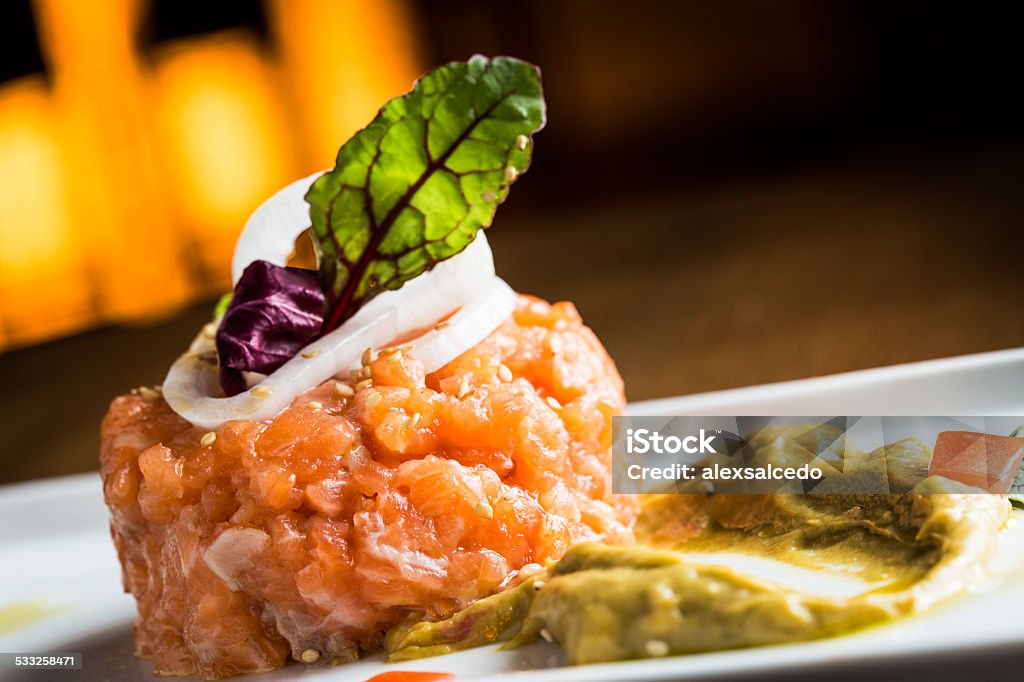 Salmon tartare Fresh salmon tartare in a restaurant. 2015 Stock Photo