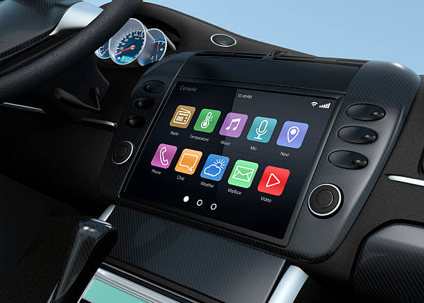 Smart touch screen multimedia system for automobile. Smart touch screen multimedia system for automobile. Original design and 3D rendering image. multimedia stock pictures, royalty-free photos & images