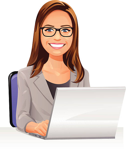 ilustrações de stock, clip art, desenhos animados e ícones de mulher jovem com óculos a utilizar um computador portátil - isolated confidence business white background