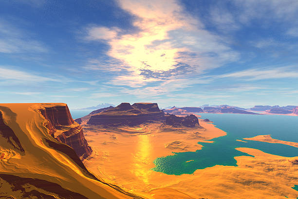 Alien Planet - 3D Rendered Computer Artwork. Rocks and  sunset