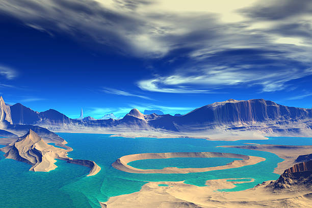 istock 3D rendered fantasy alien planet. Rocks and lake 533271127