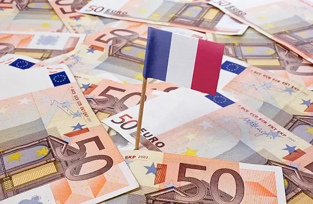 Photo of Flag of France sticking in 50 Euro banknotes.(series)