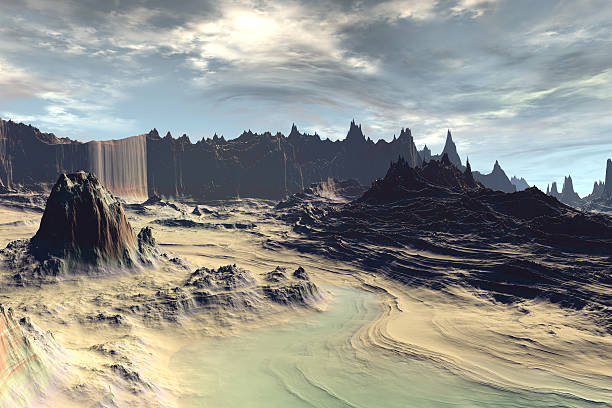 istock 3D rendered fantasy alien planet. Rocks and lake 533278399