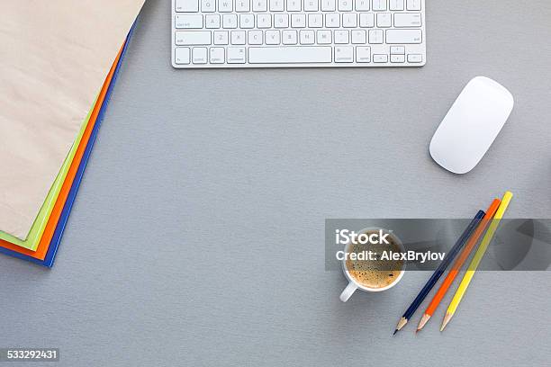 Office Work Space On Grey Wood Table Stock Photo - Download Image Now - Business Card, Desk, 2015