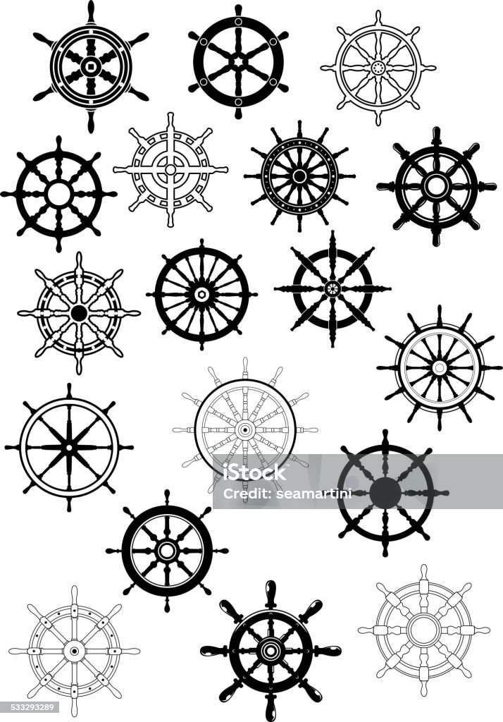 Ship steering wheels in retro style Ship steering wheels in retro style for nautical and heraldic design Helm - Nautical Vessel Part stock vector