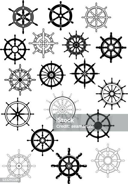 Ship Steering Wheels In Retro Style Stock Illustration - Download Image Now - Helm - Nautical Vessel Part, Steering Wheel, Vector