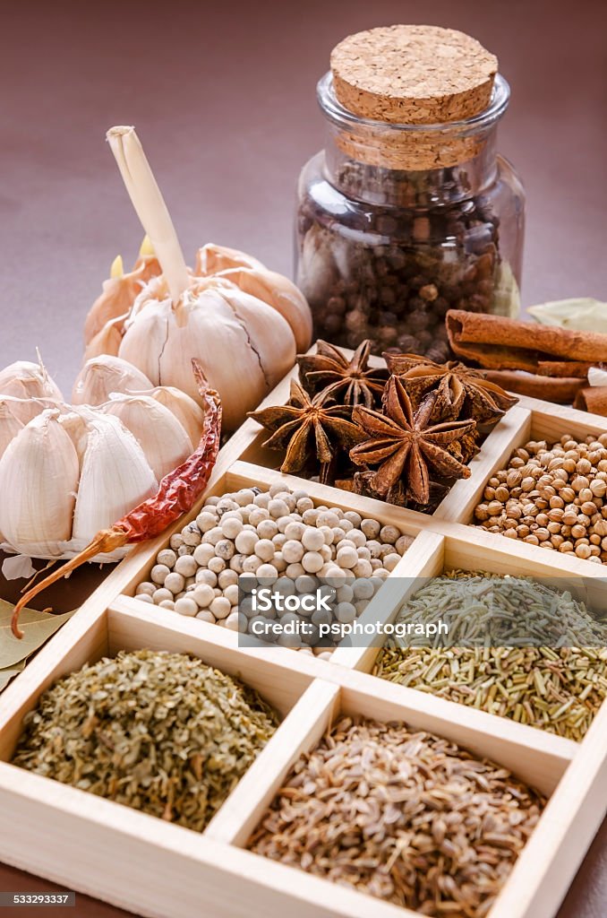 Framed collection of spices white wooden frame collection of spices 2015 Stock Photo