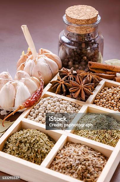 Framed Collection Of Spices Stock Photo - Download Image Now - 2015, Anise, Bay Leaf