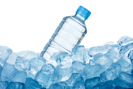 Water bottle on ice cube with white background