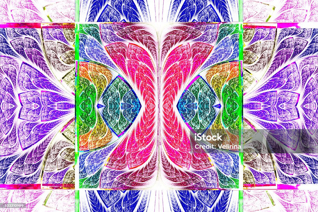 Multicolored symmetrical geometric pattern in stained glass style Multicolored symmetrical geometric pattern in stained glass style. On white. Computer generated graphics. 2015 stock illustration