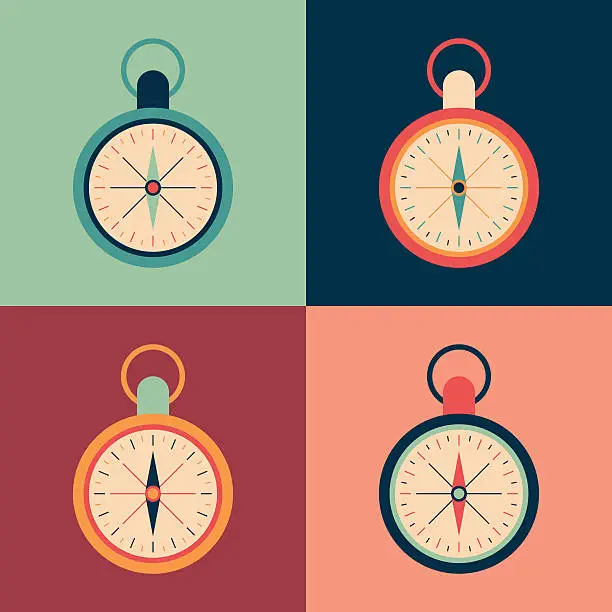 Vector illustration of Colorful set of retro compasses.