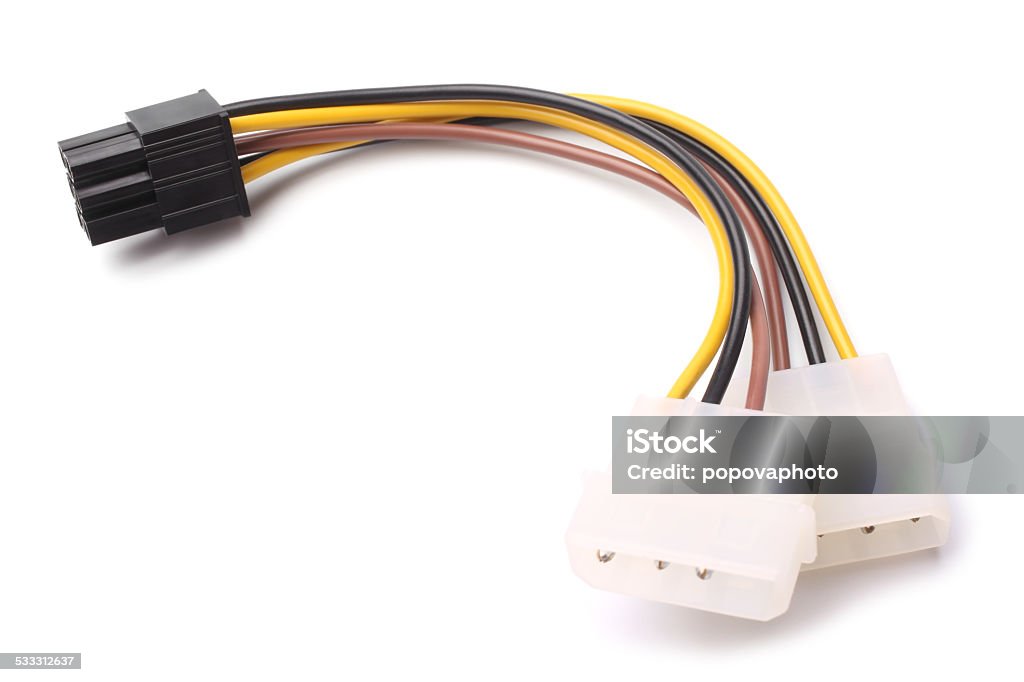 Two Molex connectors to one 6-pin PCI Express connector Two Molex connectors to one 6-pin PCI Express connector on white background 2015 Stock Photo