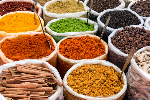 Spices for sale at a market stall in Mapusa Goa India