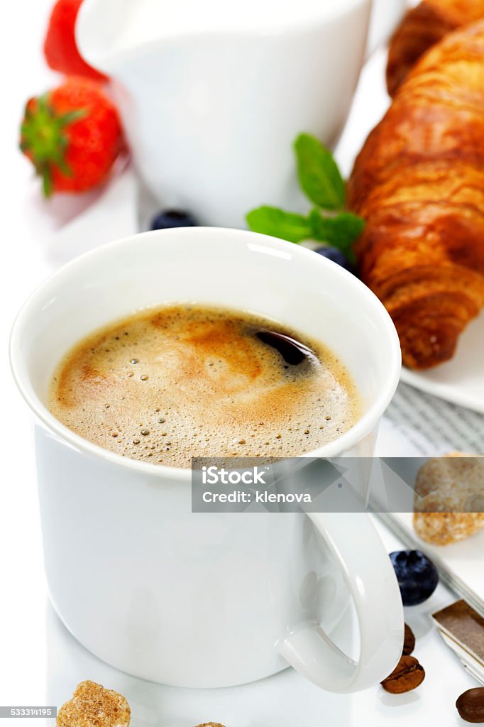 breakfast breakfast with coffee, croissant and magazine Coffee - Drink Stock Photo