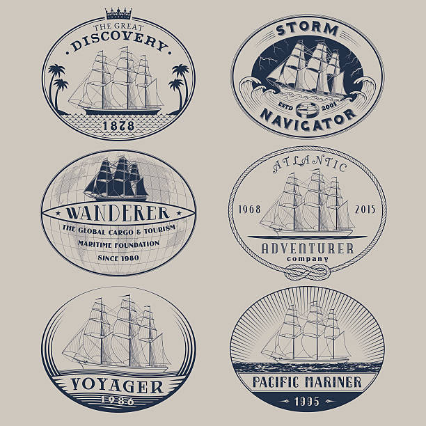 Nautical labels Set of nautical and maritime adventure vector labels.Logotype templates and badges with ships,waves and other design elements.Ocean and sea exploration,marine tourism and cargo transportation symbols parallel port stock illustrations