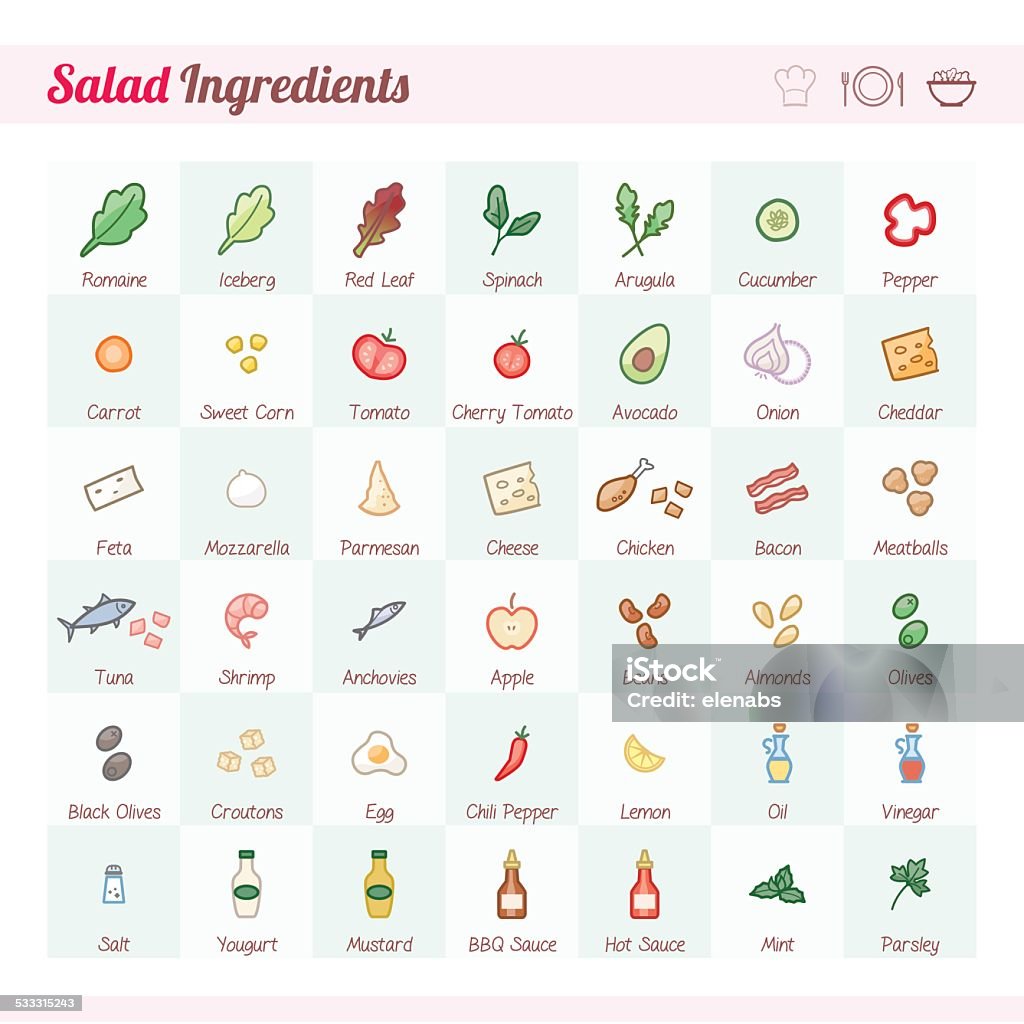 Salad ingredients Salad recipe ingredients vector icons set with text Crouton stock vector