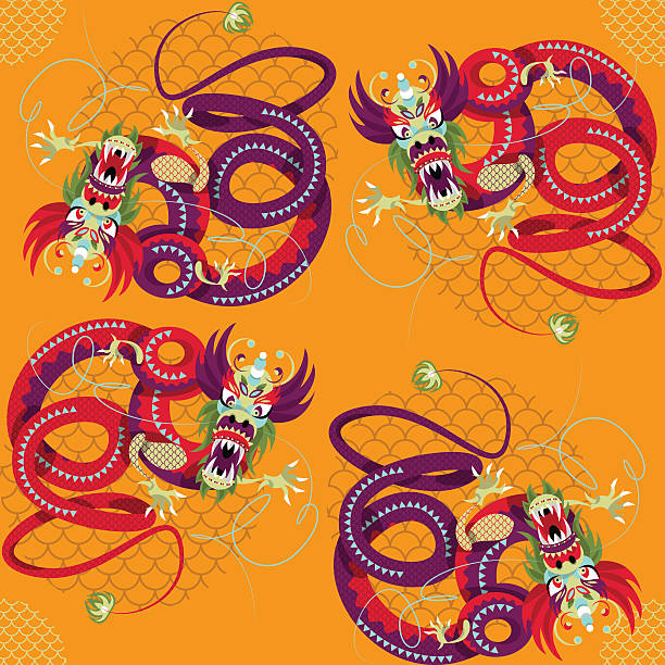 ilustraciones, imágenes clip art, dibujos animados e iconos de stock de año nuevo chino. dragon baile. patrón sin costuras fondo. - asian culture dragon textile symbol