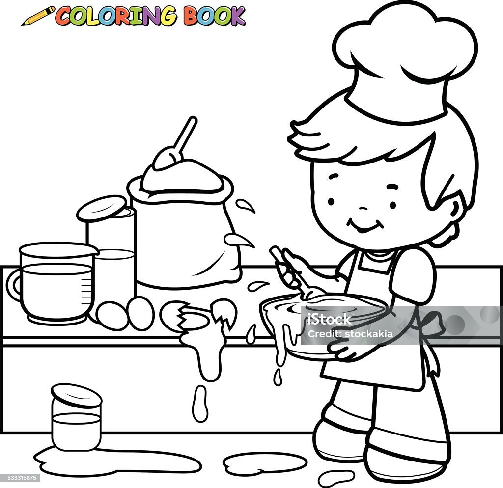 Little boy cooking and making a mess coloring book page Vector illustration of a black and white outline image of a little boy cooking and making a mess in the kitchen. Child stock vector