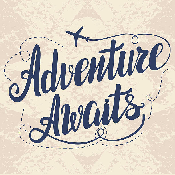 Template with modern lettering Template with modern lettering. "Adventure awaits" adventure stock illustrations