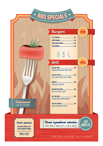 Vintage grill and bbq menu with fork and beef