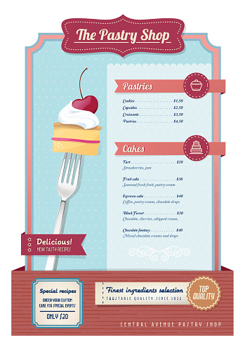 Vintage pastry and sweets menu with fork and cherry pie