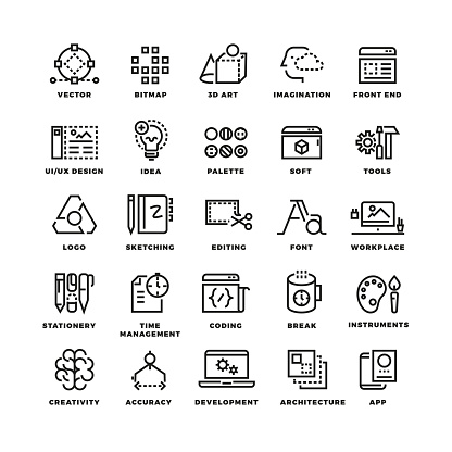 Creative process and tools line icons set. Creative icon tool, icon tools bitmap and 3d art, imagination and front end tools, design ui and ux tools icon. Vetor illustration