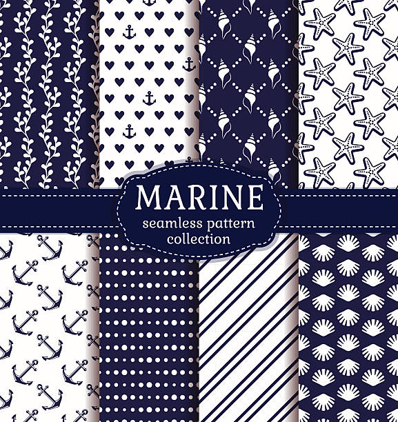 море и морской бесшовные узоры набор. - seaweed seamless striped backgrounds stock illustrations