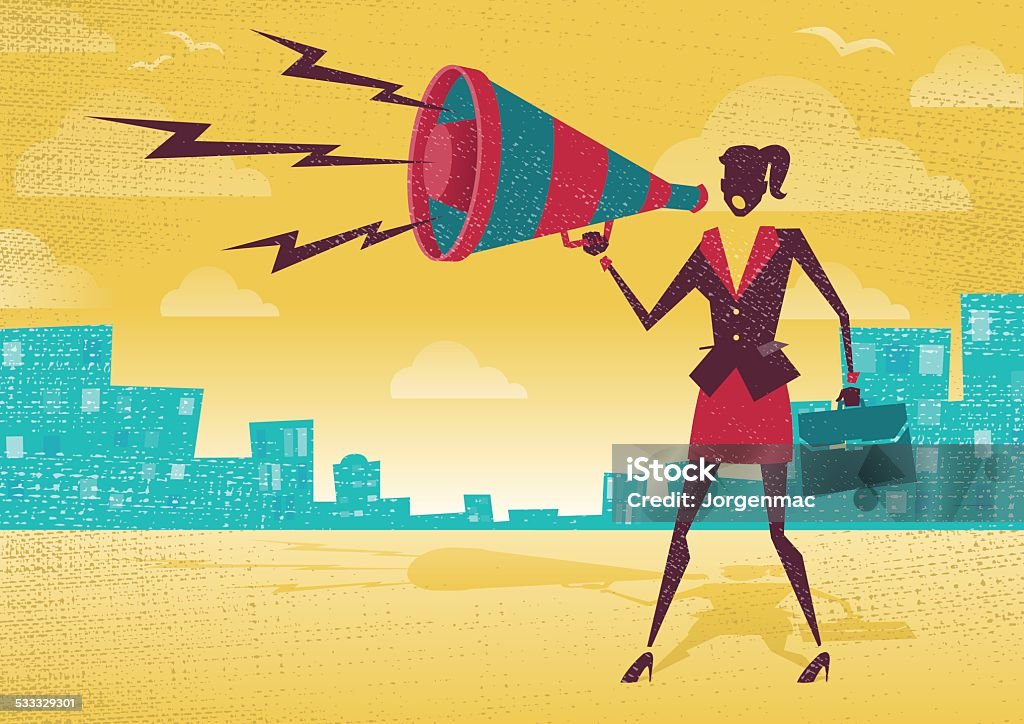 Businesswoman with Megaphone. Great illustration of Retro styled Businesswoman shouting at the top of her voice through a loudspeaker megaphone. 2015 stock vector