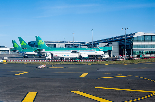  Dublin, Ireland - February 01, 2015: Aer Lingus planes lined up at Terminal 2 at Dublin Airport Ireland