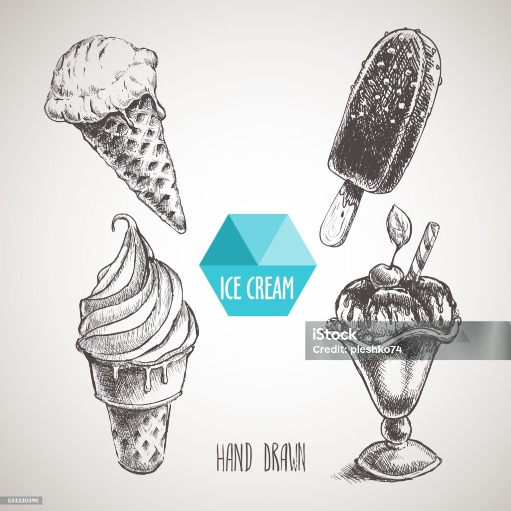 Set of hand drawn sketch style ice cream. Set of hand drawn sketch style ice cream. Ice cream cone an chokolate ice cream Drawing - Activity stock vector