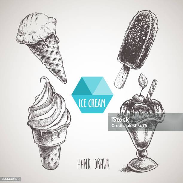 Set Of Hand Drawn Sketch Style Ice Cream Stock Illustration - Download Image Now - Drawing - Activity, Retro Style, Chocolate