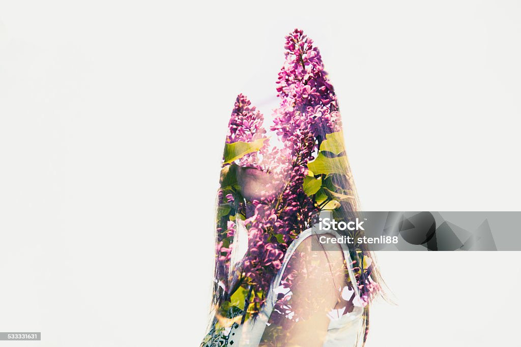 flower woman Multiple exposures woman and lilac. Multiple Exposure Stock Photo