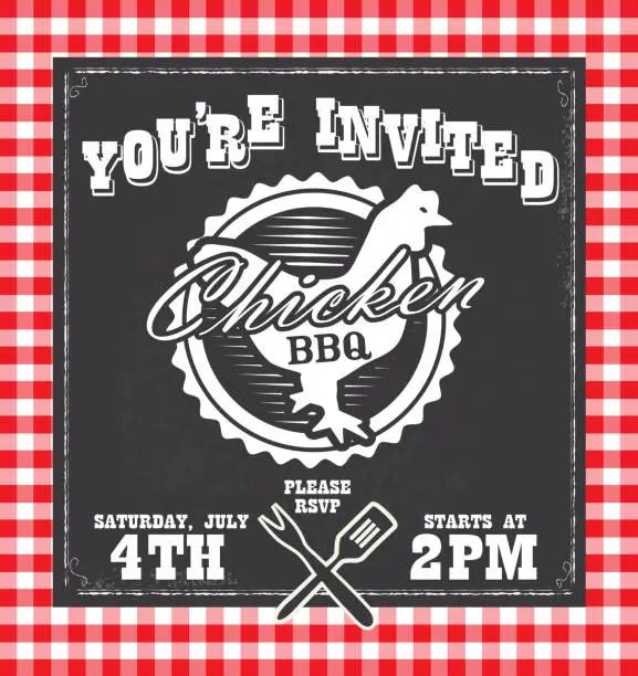 Vector illustration of BBQ barbecue invitation design template with chicken silhouette