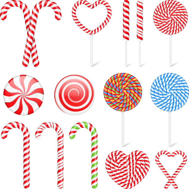 Candies Set of different candies and lollipops, vector eps10 illustration candy cane striped stock illustrations