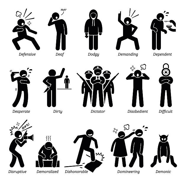 Negative Personalities Character Traits. Stick Figures Man Icons. Negative personalities traits, attitude, and characteristic. Defensive, deaf, dodgy, demanding, dependent, desperate, dirty, dictator, disobedient, difficult, disruptive, demoralized, dishonorable, domineering, and demonic. dirty-stick-figures stock illustrations