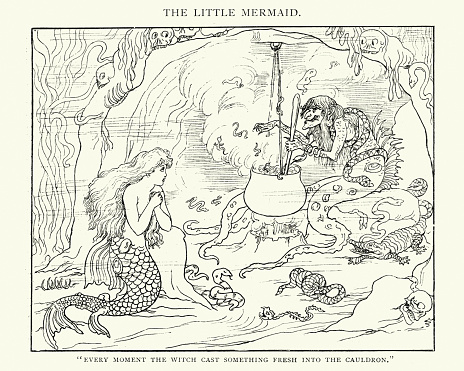 Vintage engraving of  a scene fro the Little Mermaid, a fairy tale by the Danish author Hans Christian Andersen about a young mermaid willing to give up her life in the sea and her identity as a mermaid to gain a human soul.