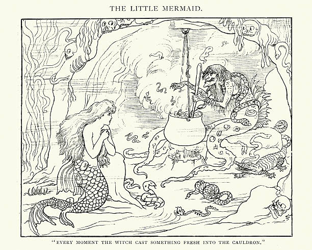 The Little Mermaid and the Witch Vintage engraving of  a scene fro the Little Mermaid, a fairy tale by the Danish author Hans Christian Andersen about a young mermaid willing to give up her life in the sea and her identity as a mermaid to gain a human soul. hans christian andersen stock illustrations