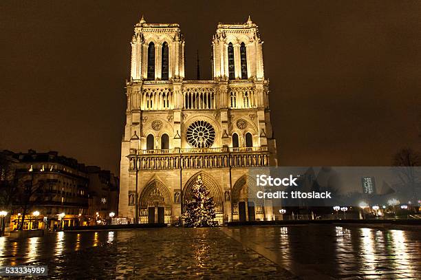 Notre Dame At Night Stock Photo - Download Image Now - 2015, Architecture, Bell Tower - Tower