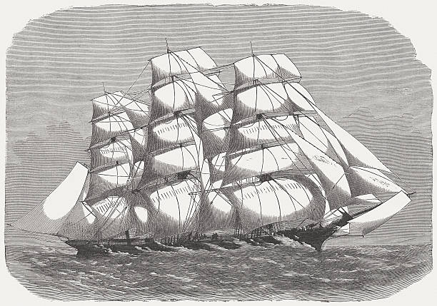 ilustrações, clipart, desenhos animados e ícones de clipper - etching sailing ship passenger ship sea