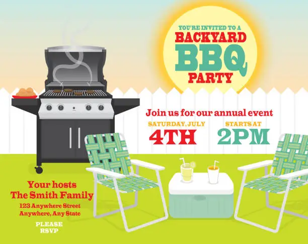 Vector illustration of Backyard BBQ themed invitation template with sun and picket fence