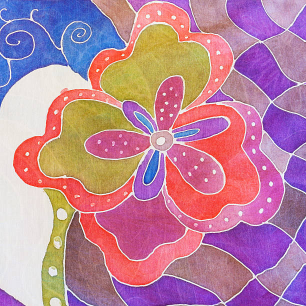 istock abstract flower on gray, red, violet silk batik 533336070