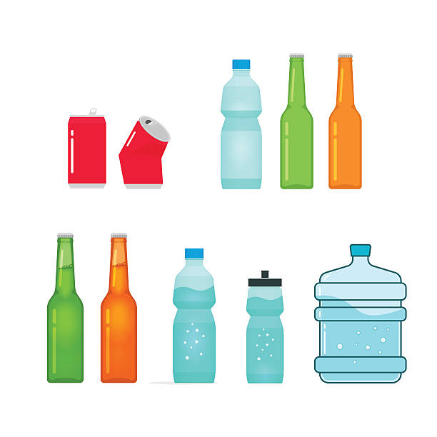 flaschen isoliert auf weißem vektor-kollektion, vollständige und leer - crushed can soda drink can stock-grafiken, -clipart, -cartoons und -symbole