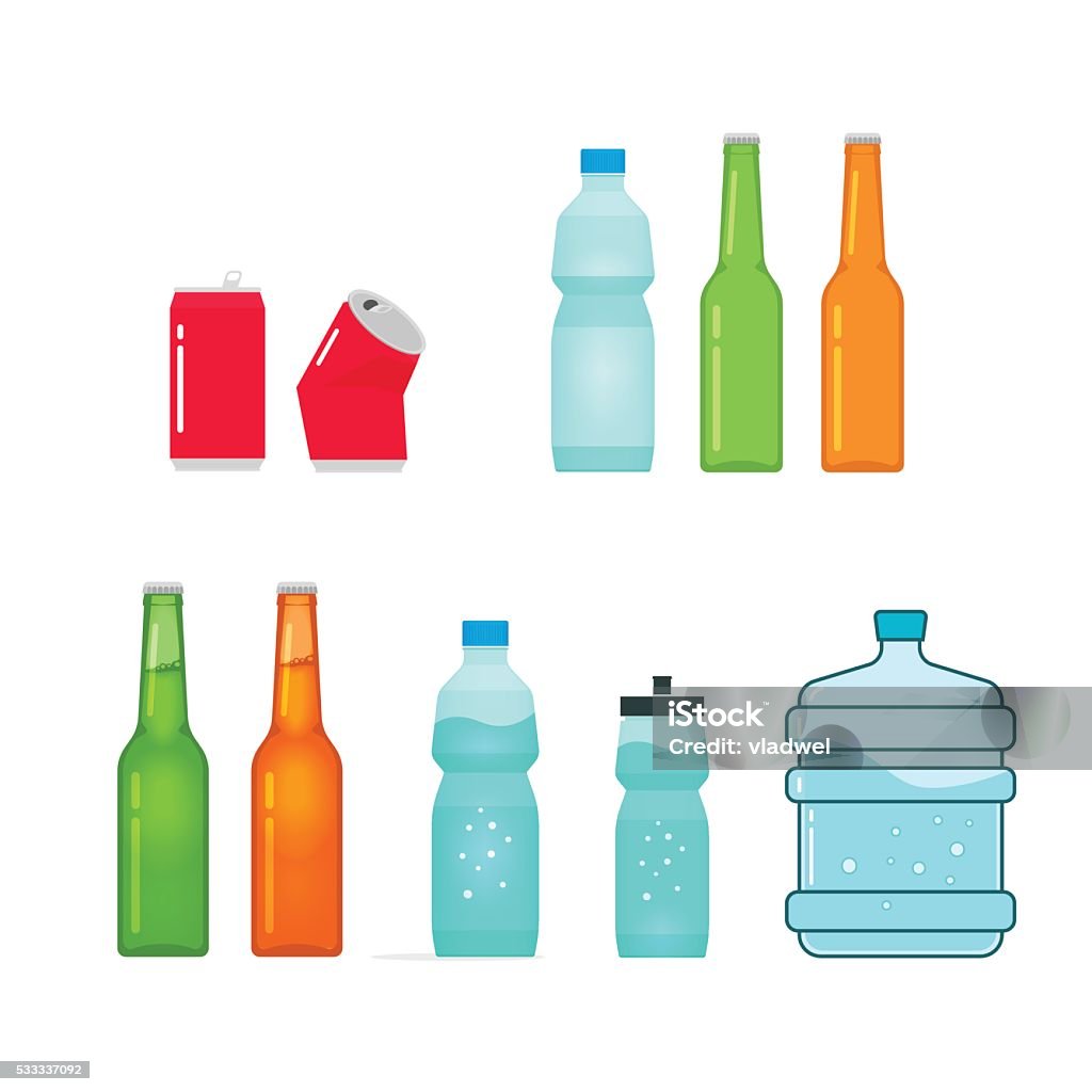 Bottles vector collection isolated on white, full and empty Bottles vector collection isolated on white, full and empty bottle of water, sport bottle, beer glass bottle, drink metal can, plastic bottle Can stock vector